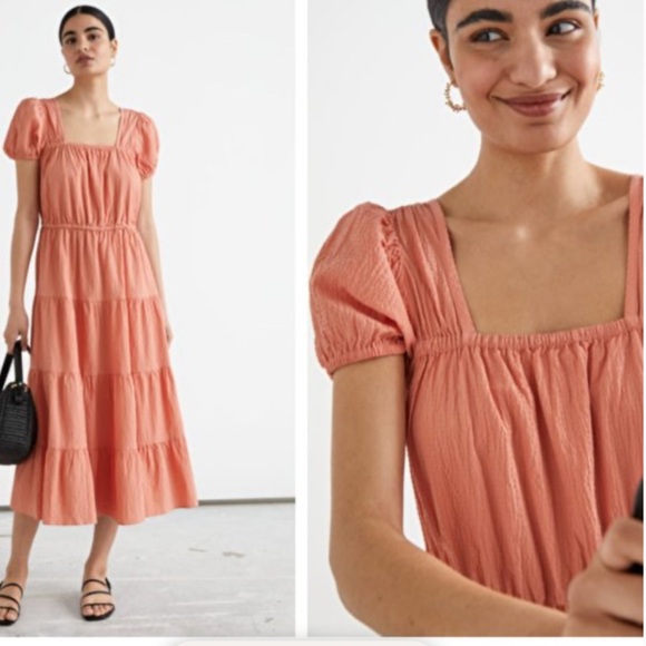 & Other Stories Tiered Puff Sleeve Open Back Cotton Midi Dress Size Large - Picture 15 of 15